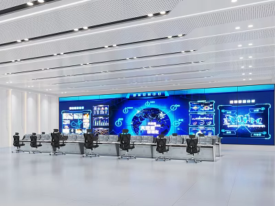 Advanced Monitoring Control Room With Large Blue Screens Control Desks And Data Displays 3d model