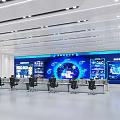Advanced Monitoring Control Room With Large Blue Screens Control Desks And Data Displays