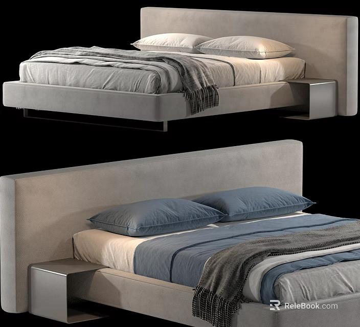 Modern Double Bed Frame with Blue Bedding Gray Blanket Pillows and Nightstand 3d model 