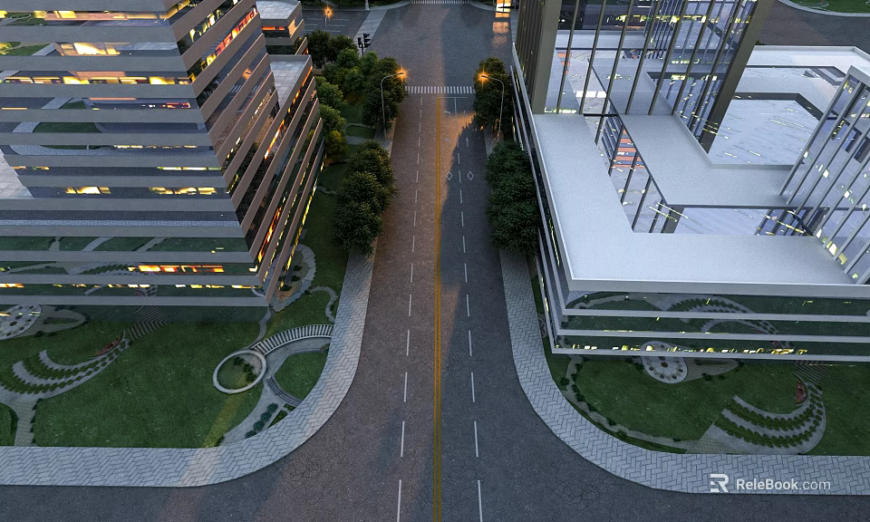 Aerial Urban Planning Design With Modern High Rise Buildings Road Green Areas And Streetlights 3d model 