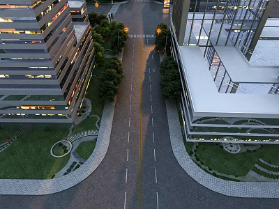 Aerial Urban Planning Design With Modern High Rise Buildings Road Green Areas And Streetlights 3d model