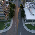 Aerial Urban Planning Design With Modern High Rise Buildings Road Green Areas And Streetlights