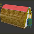 Indoor Scene With Wooden Curved Structure And Transparent Top Cover Plus Green Cylindrical Device
