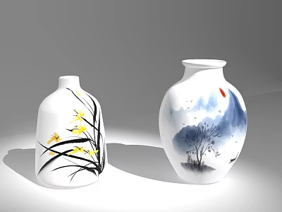 Hand Painted Ceramic Vases With Yellow Flowers Black Leaves And Landscape Design 3d model