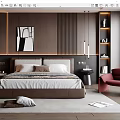 Modern Double Bed Bedroom Interior With Dark Wooden Wall Abstract Artwork And Red Accent Chair