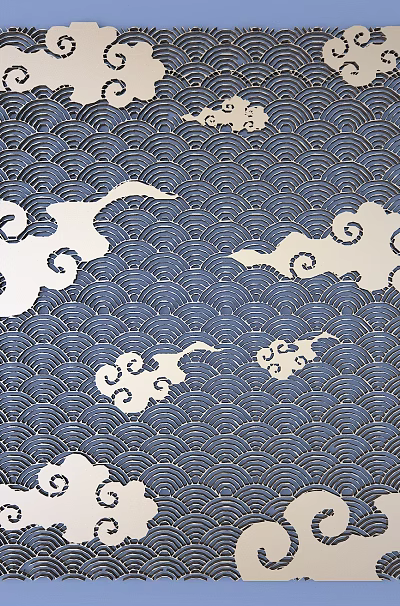 Intricate Carving Design With Wave Pattern And Cloud Motifs On Blue Background 3d model