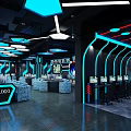 Modern Internet Cafe Interior Design With Gaming Computers LED Lighting And Comfortable Seating 3d model
