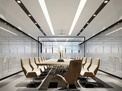 Modern Conference Room Interior With Long Table Leather Chairs And Slatted Partitions 3d model