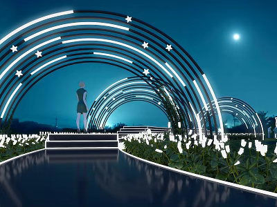 Illuminated Pergola With Star Decorations And White Flowers In Moonlit Night Scene 3d model