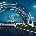 Illuminated Pergola With Star Decorations And White Flowers In Moonlit Night Scene