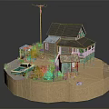 Rustic Wooden House Model With Blue Truck Small Shed Trees And Sandy Ground
