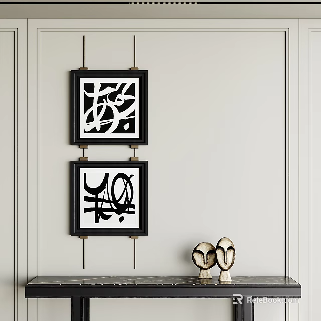 Modern Console Table Decor With Black Framed Artworks And Ceramic Sculpture Figurines 3d model