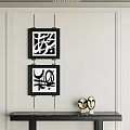 Modern Console Table Decor With Black Framed Artworks And Ceramic Sculpture Figurines 3d model