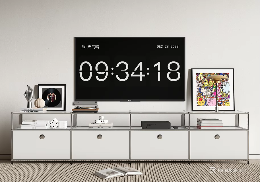 White TV Stand with Large Screen TV Decorative Frames Sculpture and Storage Drawers 3d model 