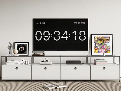 White TV Stand with Large Screen TV Decorative Frames Sculpture and Storage Drawers 3d model
