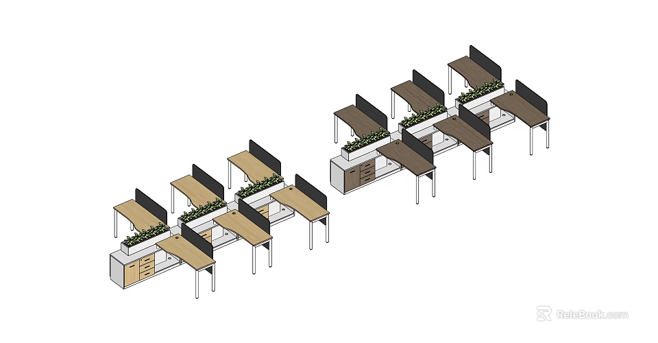Multiple Office Desks In Open Layout With Partition Panels And Green Plants 3d model 