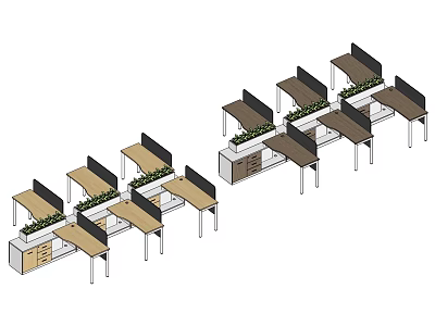 Multiple Office Desks In Open Layout With Partition Panels And Green Plants 3d model