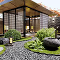 Serene Dry Landscape Garden Design With Zen Stones Raked Gravel Traditional Pavilion And Lush Greenery
