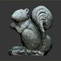 Gray Squirrel Statue Holding Food With Front Paws On Mossy Stone Base For Garden Decoration
