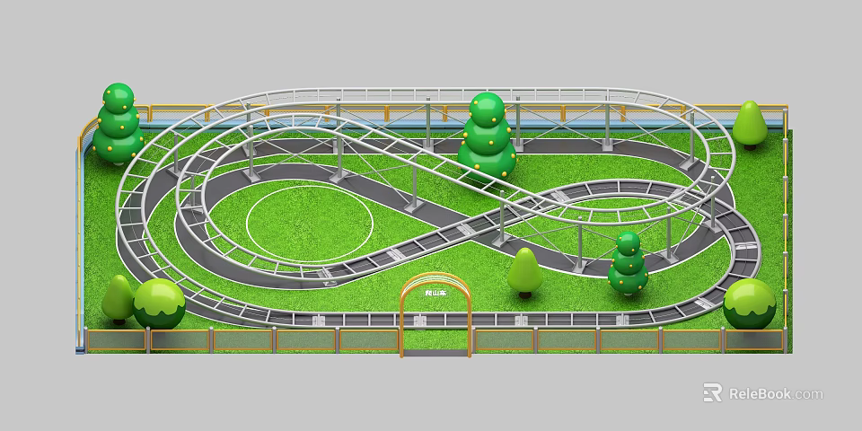 Amusement Rides With Curved Tracks Green Grass Area Decorative Trees And Entrance Arch 3d model 