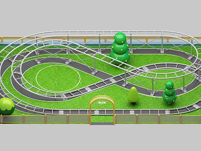 Amusement Rides With Curved Tracks Green Grass Area Decorative Trees And Entrance Arch 3d model