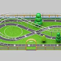Amusement Rides With Curved Tracks Green Grass Area Decorative Trees And Entrance Arch