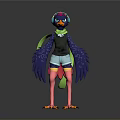 Colorful Cartoon Bird Character With Purple Head Blue Wings Green Scarf And Black Top