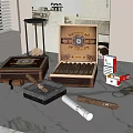 Vintage Decorative Ornament Set With Hourglass Cigar Box Pipe Cigars And Matchbox