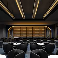 Modern Bar Interior Design With Black Seats Round Tables Blue Curtain And Hanging Lighting