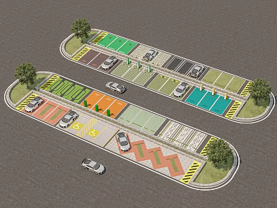 Road Infrastructure Design With Colored Parking Spaces Traffic Lanes And Surrounding Trees 3d model