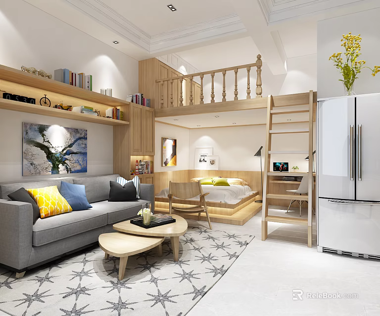 Modern Apartment Open Layout With Gray Sofa Yellow Blue Cushions Wooden Bookshelf Ladder Small Bed 3d model 