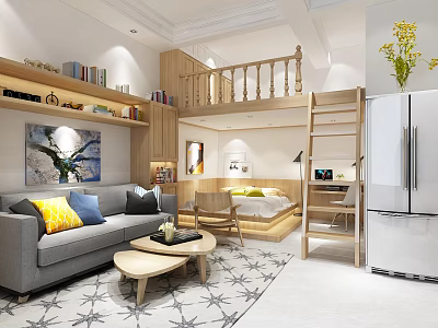 Modern Apartment Open Layout With Gray Sofa Yellow Blue Cushions Wooden Bookshelf Ladder Small Bed 3d model
