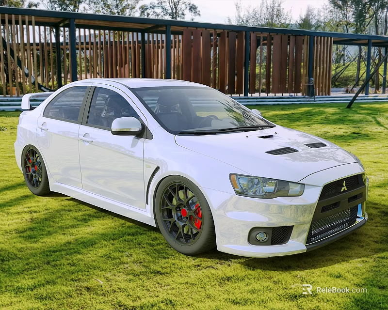 White Mitsubishi Sports Sedan With Rear Spoiler Alloy Wheels On Green Grass Wooden Structure Background 3d model 