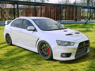 White Mitsubishi Sports Sedan With Rear Spoiler Alloy Wheels On Green Grass Wooden Structure Background 3d model