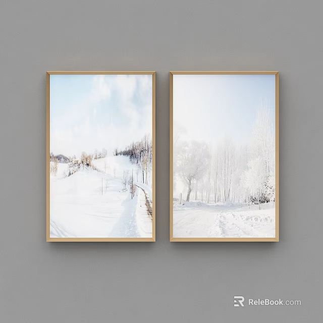 Two Winter Landscape Paintings on Gray Wall with Snow Covered Trees Path and Houses 3d model 