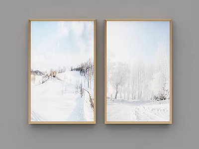 Two Winter Landscape Paintings on Gray Wall with Snow Covered Trees Path and Houses 3d model