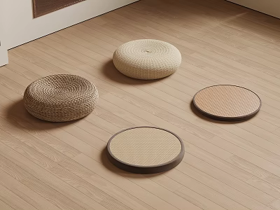 Four Different Styles Round Woven Floor Cushions Placed On Wooden Floor 3d model