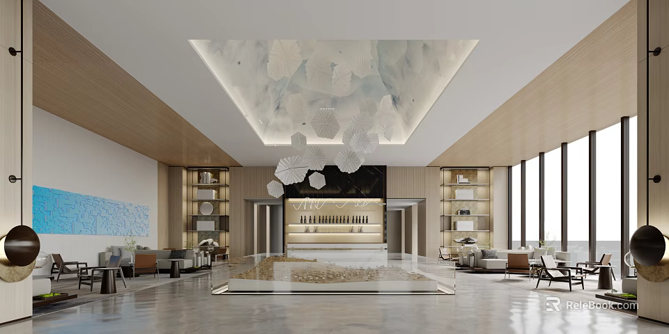 Modern Luxury Sales Office Interior With Marble Floor Wooden Walls And Floor To Ceiling Windows 3d model 