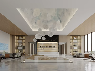 Modern Luxury Sales Office Interior With Marble Floor Wooden Walls And Floor To Ceiling Windows 3d model