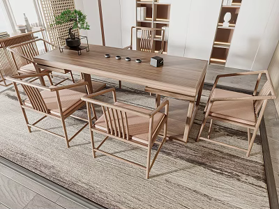 Minimalist Wooden Tea Table And Chairs Set With Matching Seats And Area Rug 3d model