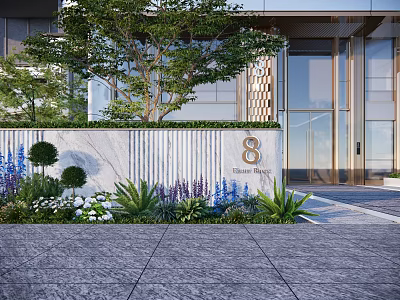 Elegant Landscape Feature Wall With Green Plants Colorful Flowers And Number 8 At Bella Residences 3d model