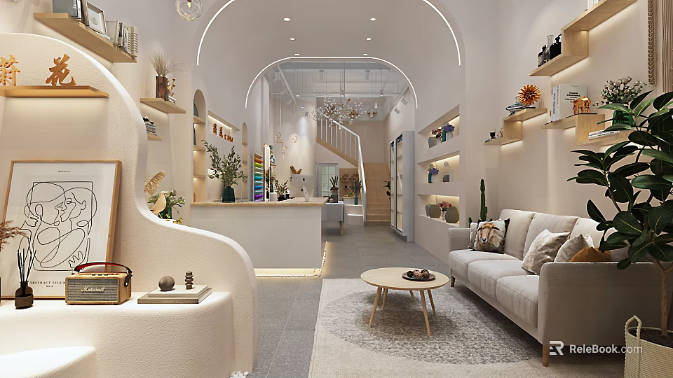 Modern Boutique Store Interior With Sofa Coffee Table Bookshelves And Green Plants 3d model 