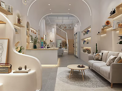 Modern Boutique Store Interior With Sofa Coffee Table Bookshelves And Green Plants 3d model