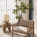 Stylish Lounge Chair With Wooden Frame Linen Cushion And Potted Plant Near Window Lamp