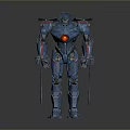 Blue Armored Mecha Robot Warrior Design With Two Swords And Red Chest Core