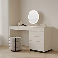 Beige Wall Dressing Table With Round Mirror Stool Cosmetics Blinds And Drawers 3d model