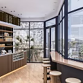 Modern Café Interior Design With Wooden Counter Coffee Machine Menu Board And Large Windows