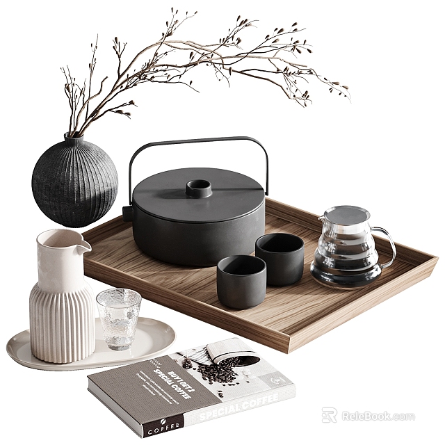 Minimalist Tea Set Featuring Black Teapot Teacups On Wooden Tray And Vase 3d model 