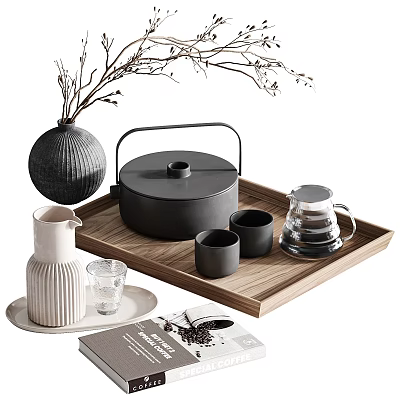 Minimalist Tea Set Featuring Black Teapot Teacups On Wooden Tray And Vase 3d model