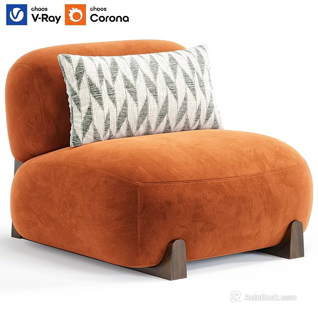 Orange Velvet Leisure Chair With Green And White Geometric Pattern Pillow And Wooden Legs 3d model 